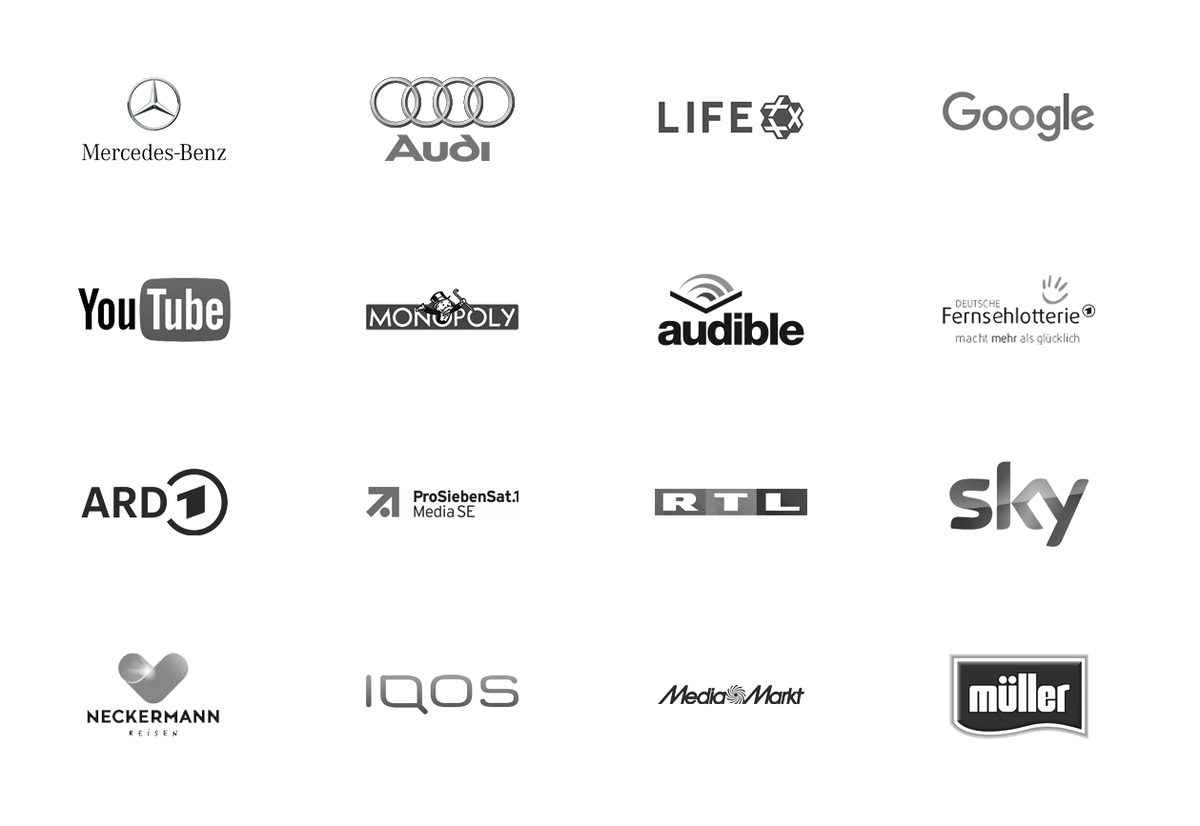 Marken & Medien: Mercedes-Benz, Audi, LIFE, Google, YouTube, Monopoly, audible, Deutsche Fernsehlotterie, ARD, ProSiebenSat.1, RTL, Sky, Neckermann, IQOS, MediaMarkt, Müller